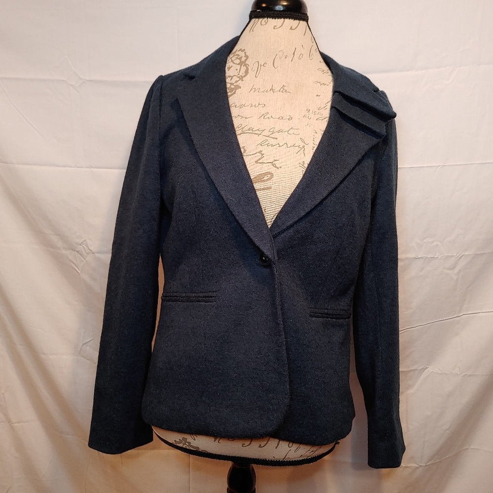 Elevenese Anthropologie Blue Teal Wool Blend Pleat Single Breasted Blazer Sz 12